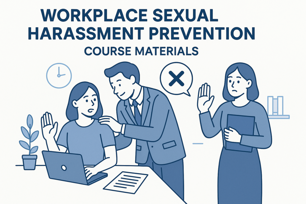 Workplace Sexual Harassment Prevention training materials including a handbook, and presentation slides.